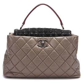 Chanel-Quilted Portobello Tweed Frame Top Handle Bag-Brown