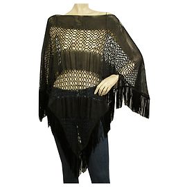 Emporio Armani Schwarze Häkel-Viskose-Strick-Poncho-Cape-Strickjacke mit Fransen Schwarz