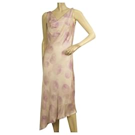Escada-Escada Silk Pink Purple Spirals Sleeveless Asymmetric Bias Cut Calf Dress sz 38-Pink