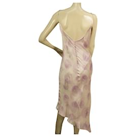Escada-Escada Silk Pink Purple Spirals Sleeveless Asymmetric Bias Cut Calf Dress sz 38-Pink