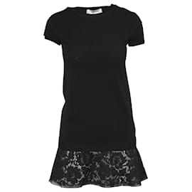 Valentino-Valentino Fluted Laced Hem T-shirt Dress in Black Cotton-Black