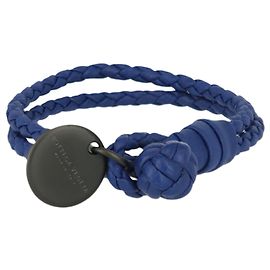 Bottega Veneta Intrecciato Leather Wrap Bracelet Blue