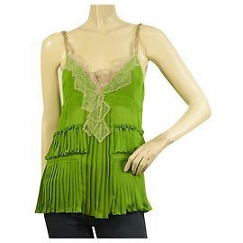 Twin Set Simona Barbieri Green Spaghetti Strap Cami Pleats Beige Lace Top taille S Vert