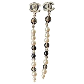 Chanel-CC A19K Logo Long dangling Drop earrings pearl crystal box-Golden