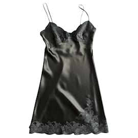 Christian Dior-Silk satin dress inlaid with tone-on-tone lace-Black