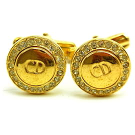 Christian Dior-[Used] Christian Dior Cufflinks Round Form with Rhinestones CD Logo Clear x Gold Christian Dior-Golden