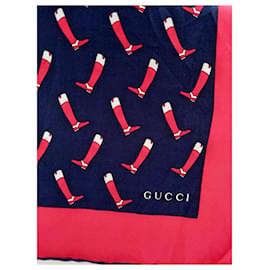 Gucci-Sciarpa in seta con stivale da equitazione Gucci-Bianco,Rosso,Blu navy