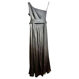 Vera Wang-One shouldered evening gown in silver grey satin-Silvery