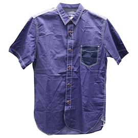 Junya Watanabe-Junya Watanabe x Comme Des Garcons Man Printed Short Sleeved Denim Shirt in Blue Cotton-Blue