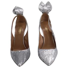Aquazzura-Sapatos de lantejoulas Aquazzura com gravata borboleta em couro prateado-Prata,Metálico