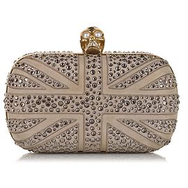 Alexander McQueen Brown Britannia Skull Box Studded Suede Clutch Bag Brown Silvery Beige