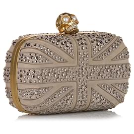 Alexander Mcqueen-Alexander McQueen Brown Britannia Skull Box Studded Suede Clutch Bag-Brown,Silvery,Beige