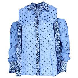 Baum und Pferdgarten Schulterfreie Bluse mit Flamingo-Print aus blauer Viskose Blau