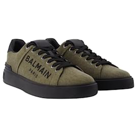 Balmain-B Court-Canvas&Logo in Khaki and White Leather-Green,Khaki