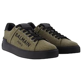 Balmain-B Court-Canvas&Logo in Khaki and White Leather-Green,Khaki