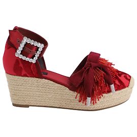 Marc Jacobs Espadrilles compensées en jacquard à pompons en velours rouge Rouge