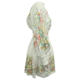 Zimmermann-Zimmermann Zinnia Floral Print Shirred Dress in White Cotton-White