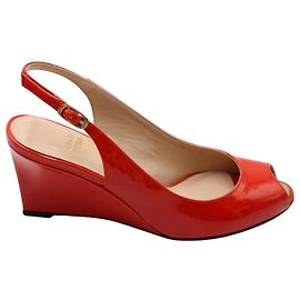 Stuart Weitzman Slingback Peep-Toe Wedge in Red Patent Leather Orange