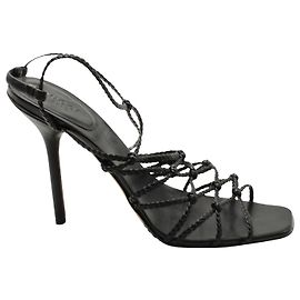 Gucci Braided Peep Toe High Heel Sandals in Black Leather  Black