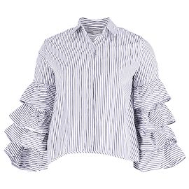 Iris & Ink Blusa listrada com babados de íris e tinta em algodão azul e branco Azul