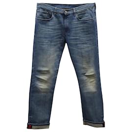 Gucci-Gucci Tapered Pants with Web in Light Blue Cotton Denim-Blue