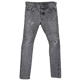 Balmain-Balmain Distressed Biker Jeans em Grey Cotton Denim-Cinza