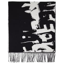 Alexander Mcqueen-Graffiti Biker Scarf in Black and Ivory Wool-Black