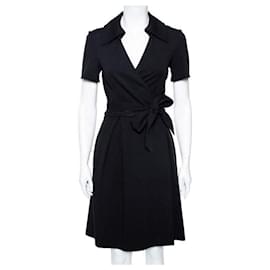 Diane Von Furstenberg-DvF Black Knit Hutton Robe portefeuille à manches courtes vintage-Noir