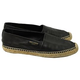 Yves Saint Laurent Saint Laurent Round Toe Espadrilles in Black Leather Black