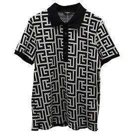 Camisa Polo Jacquard Monogram Balmain em Algodão Preto e Branco Outro