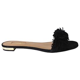 Aquazzura-Aquazzura Wild Thing Fringed Slides in Black Suede-Black