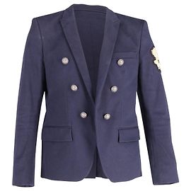 Balmain Logo Patch Double Breasted Blazer in Navy Blue Cotton Navy blue