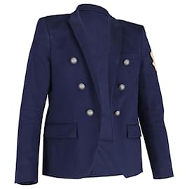 Balmain-Balmain Logo Patch lined Breasted Blazer in Navy Blue Cotton-Navy blue