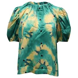Ulla Johnson Isolda Tie Dye & Texture Dot Bluse aus grüner Seide Grün
