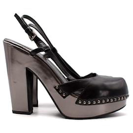Prada-Black & Gunmetal leather heeled clogs-Black
