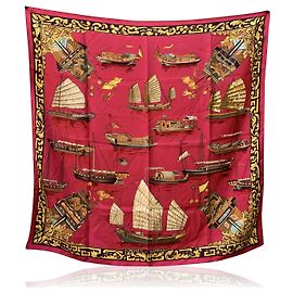 Hermès Hermes Paris Vintage Red Silk Jonques et Sampans 1966 de la Perriere Red