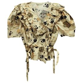 Ulla Johnson Ruffled Floral Print Wrap Blouse in Beige Cotton Brown Beige