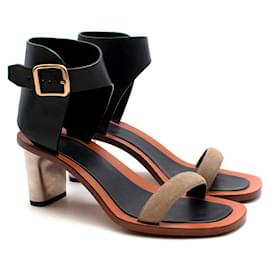 Céline-Celine Black/Khaki Leather Sandals With Metal Heels-Black
