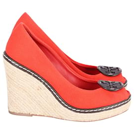 Tory Burch-Tory Burch Cerise Peep Toe Wedge in Red Canvas-Red