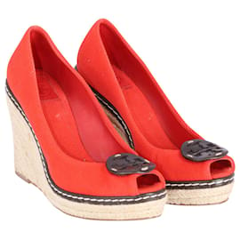Tory Burch-Tory Burch Cerise Peep Toe Wedge in Red Canvas-Red