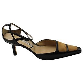 Manolo Blahnik Two Toned Ankle Strap Mid Heel Sandals in Black and Brown Leather  Other Python print