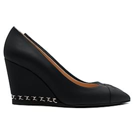 Chanel-Matte black leather wedge heeled pumps-Black