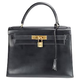Hermès-hermes kelly 28 Black Box calf leather Gold-Black