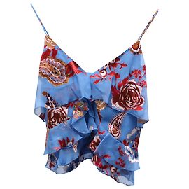 Alice + Olivia Alice & Olivia Floral Ruffled Sleeveless Croptop in Blue Silk Other