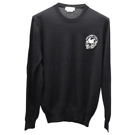 Alexander McQueen Skull Emblem Rundstrickpullover aus schwarzer Wolle Schwarz