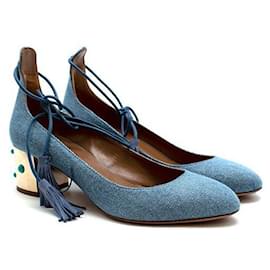 Aquazzura-Denim ankle wrap block heeled pumps-Blue