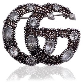 Gucci Silver Metal GG Marmont Brooch Pin with Crystals Silvery