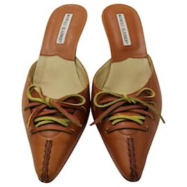 Manolo Blahnik-Manolo Blahnik Bow Pointed Toe Mules in Brown Leather -Brown