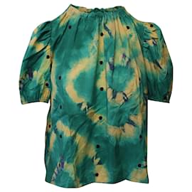 Ulla Johnson-Ulla Johnson Isolda Tie-Dye Puffed Sleeve Top in Green Silk-Green