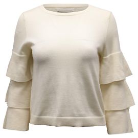 Alice + Olivia Stora Pullover mit Rüschenärmeln aus cremefarbener Merinowolle Weiß Roh